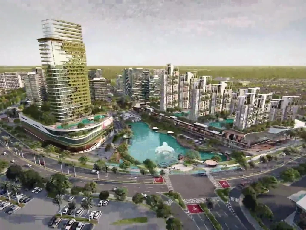 Kawasan Hiera BSD City dari udara dengan menara, laguna, dan jalan utama