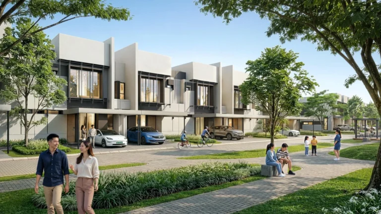 Jalan cluster Morelle di Vireya dengan deretan rumah 2 lantai dan pedestrian