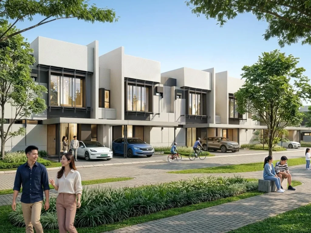 Jalan cluster Morelle di Vireya dengan deretan rumah 2 lantai