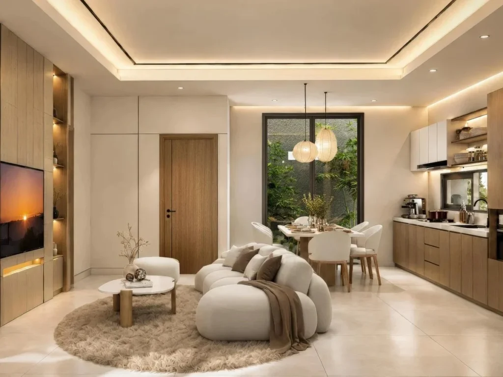 Ruang keluarga, ruang makan, dan dapur menyatu di rumah Morelle
