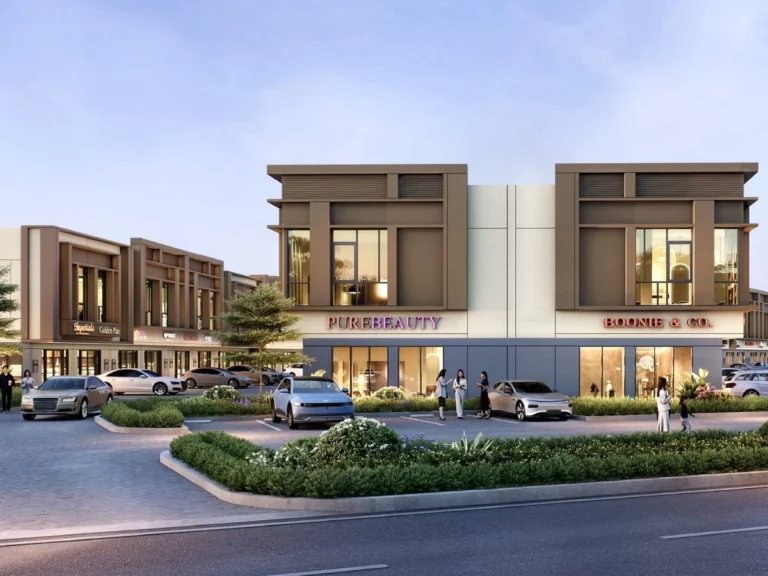 Ruko dua lantai Alunara Society Hub dengan area parkir