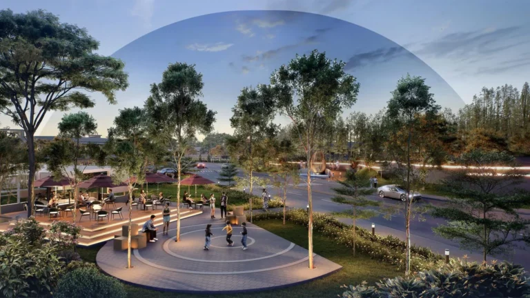 Communal area Vireya dengan plaza dan pepohonan